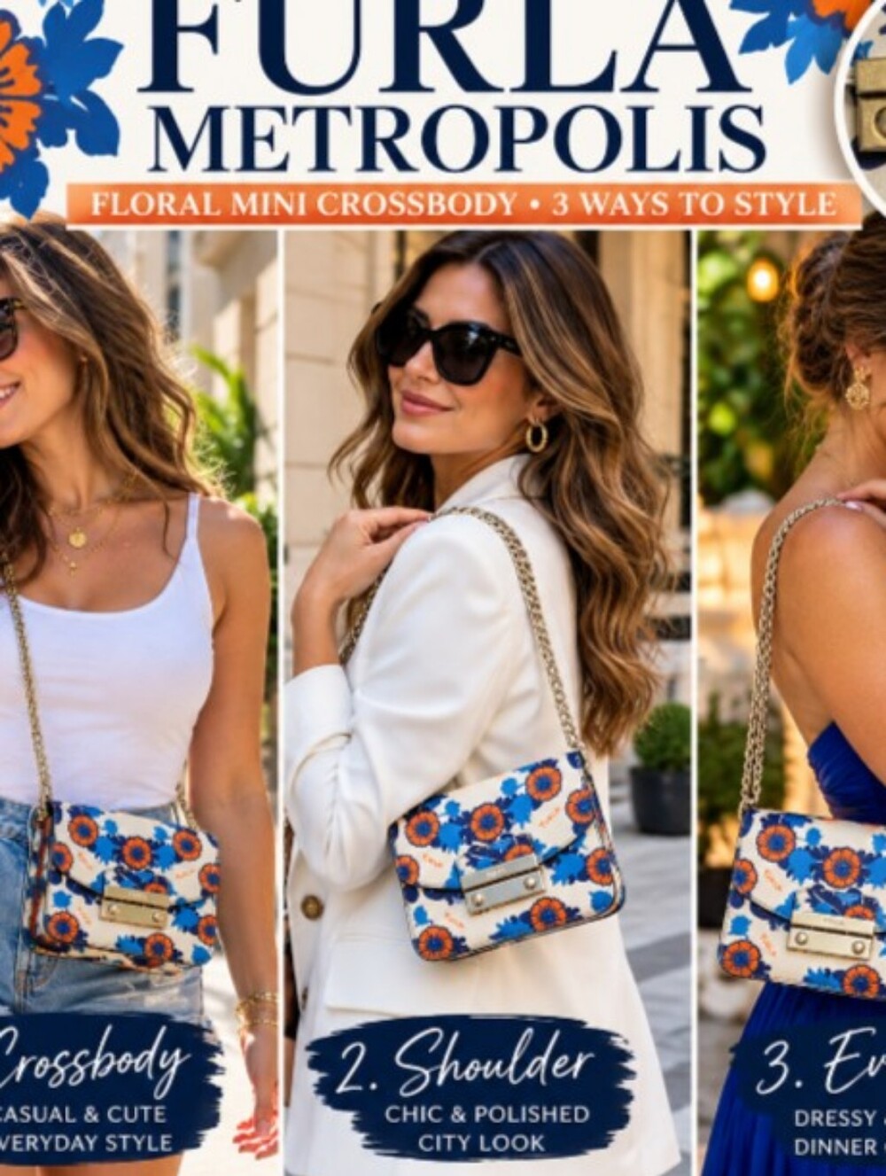 Furla Julia Mini Saffiano Leather Crossbody Bag - Floral Blue & Orange EUC